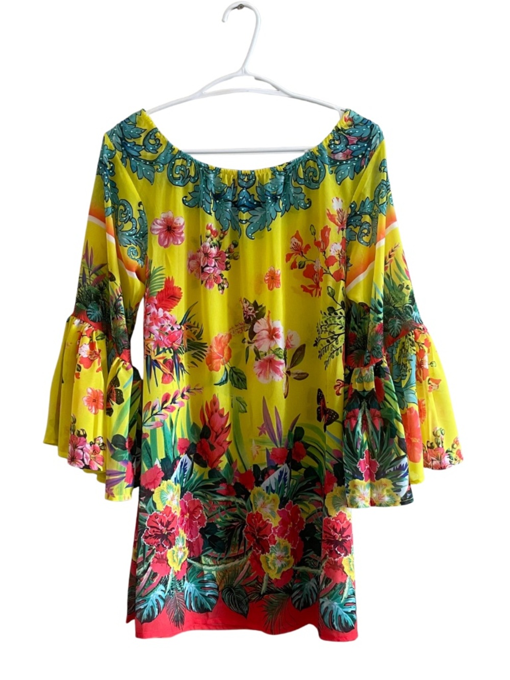 Ranees Floral Paradise Sheer Off Shoulder Tunic Swim Cover Up – Size Medium EUC